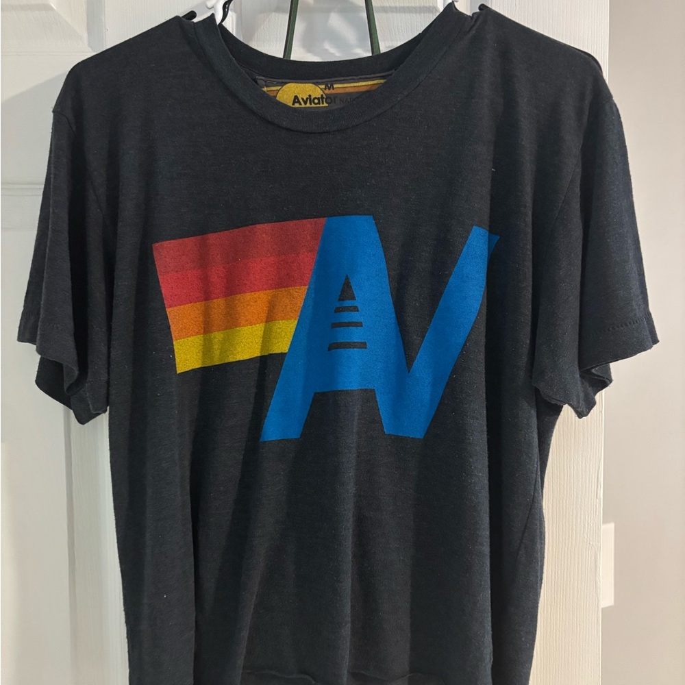 Aviator Nation Black Tee with Blue and Red-Yellow Stripes